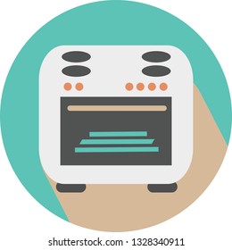 Vector illustration of a modern white gas stove on a blue round background.
