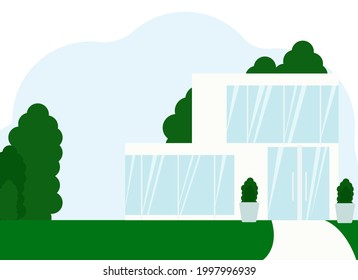 Vector illustration of a modern white house with large windows and glass door