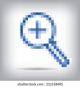 Vector illustration of modern white icon magnifier depicting a pixel computer icon