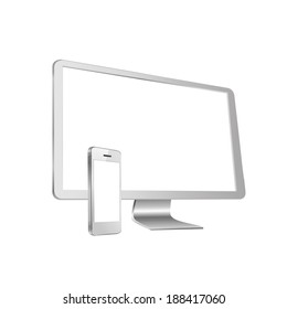 vector illustration of modern white monitor and phone on white background