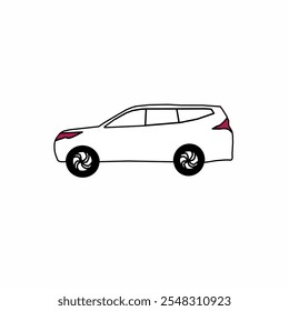 Vector illustration of a modern white SUV car in a flat cartoon style. Simple image of land vehicle transportation. Front and side view of a family car. Modern technology car.