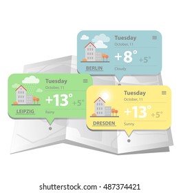 Vector illustration of a modern Widget with map and weather icons in a flat style