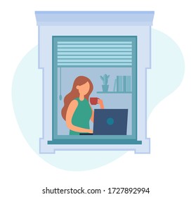 Vector illustration of modern woman drinking hot beverage and using laptop while sitting near window and working on remote project at home. Social isolation during the coronavirus pandemic