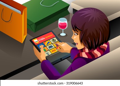 A vector illustration of modern woman shopping online for Cyber Monday sale