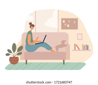 Vector illustration of modern woman sitting on sofa near dog and doing remote project on laptop while working in cozy living room at home. Flat vector illustration. Freelance concept