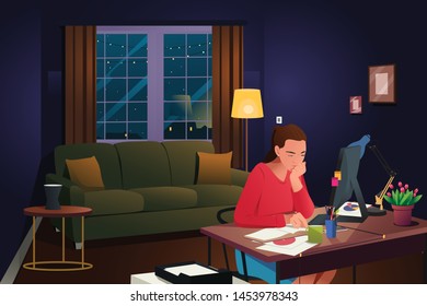 A vector illustration of Modern Woman Working at Home at Night 