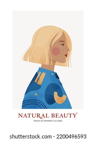 Vector illustration - modern woman. Young beautiful woman portrait with hairstyle. Modern feminine girl. Beauty industry. People of different cultures. Perfect for blog, prints, cards