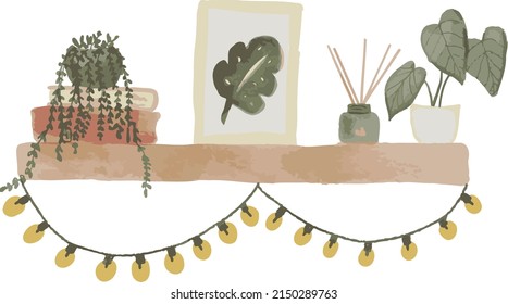 Vector Illustration of modern wooden book shelf with green potted plants picture frame with fairy lights