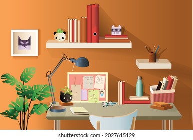 Vector illustration of the modern workplace in a room. study room interior. Desktop with table, lamp, bookshelves, flower pot, board, box, chair, house plant. A place for education homework workplace.
