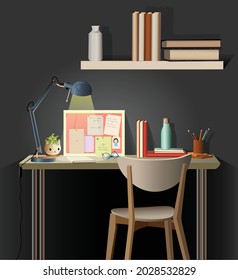 
Vector Illustration Of The Modern Workplace In A Room. Study Room Interior. Desktop With Table, Lamp, Bookshelves, Flower Pot, Board, Chair. A Place For Education Homework. 