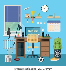 Vector illustration of  modern workplace in room. Creative office workspace with equipment, elements, objects. Flat minimalistic style in stylish colors. Flat design, icon collection