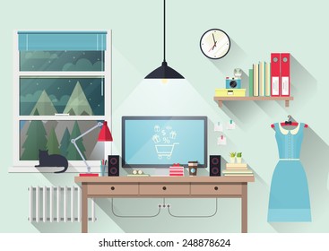 Vector illustration of modern workplace in room. Creative office workspace of blogger with elements, objects. Flat minimalistic style, modern colors. Flat design with long shadows, icon collection