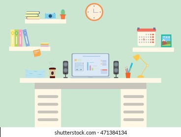 Vector illustration of modern workplace in the room with computer table, bookshelves, calendar and wall clock