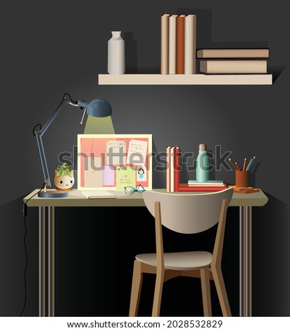 
Vector illustration of the modern workplace in a room. study room interior. Desktop with table, lamp, bookshelves, flower pot, board, chair. A place for education homework. 