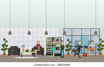 Vector illustration of modern workspace, hallway interior, employees working on laptop while sitting at desk and in armchair, taking coffee break. Office life concept, flat style design.