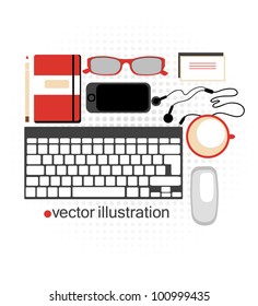 vector illustration of a  modern workspace with  useful devices , stationery and a cup of coffee