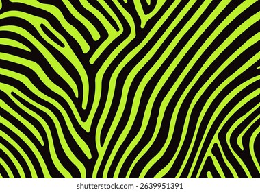 Vector illustration in modern Y2K style: organic neon green wavy stripes on black background, resembling zebra or animal print. Vibrant, bold, and trending among pop and urban design styles.
