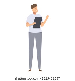 Vector illustration of a modern young man holding a digital tablet and making a presenting gesture