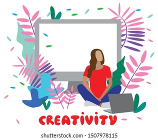 Vector illustration of modern young pretty woman  sitting on the floor with a laptop on floral tropical background. Web developer. Creative art designer