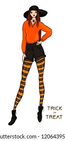 Vector Illustration of Modern Young Witch in Black Hat. Halloween's Personage in Cartoon Style. Drawing of Fairytale Charmer for Halloween
