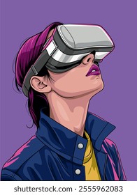 Vector illustration of a modern young woman immersed in virtual reality, wearing a sleek VR headset