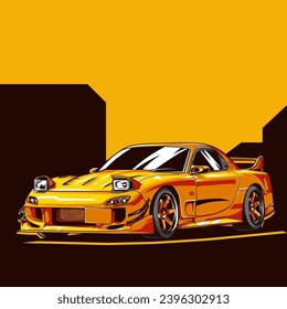 Vector illustration of modified jdm car within orange background with front view using hand drawn style by pxlgraph. Perfect for wallpaper, poster, background, t-shirt design, and printing design.