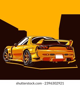 Ilustración vectorial del coche Jdm modificado dentro del fondo naranja usando estilo dibujado a mano por pxlgraph. Perfecto para tapicería, afiche, fondo, diseño de camisetas y diseño de impresión.