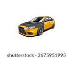 Vector illustration of a modified Mitsubishi Lancer Evolution X in yellow with a carbon fiber hood and detailed body kit. This JDM legend is known for its rally heritage, turbocharged performance, and