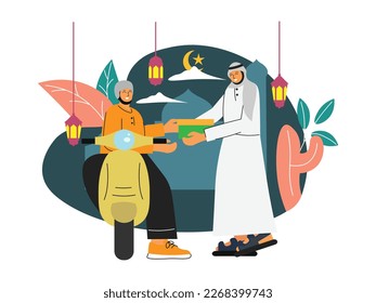 Vector illustration of moeslem people give alms. ramadan kareem concept flat design. eid mubarak.