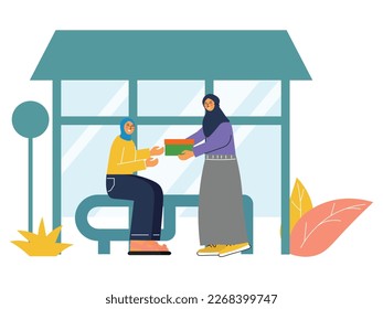 Vector illustration of moeslem people give alms. ramadan kareem concept flat design. eid mubarak.