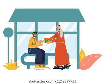 Vector illustration of moeslem people give alms. ramadan kareem concept flat design. eid mubarak.