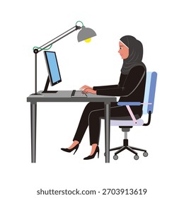 Ilustración vectorial de moeslimah trabajando en su computadora Imagen aislada. Ilustración vectorial