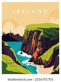 Vector illustration Moher Ireland. Design for poster, banner, postcard. Travel poster.