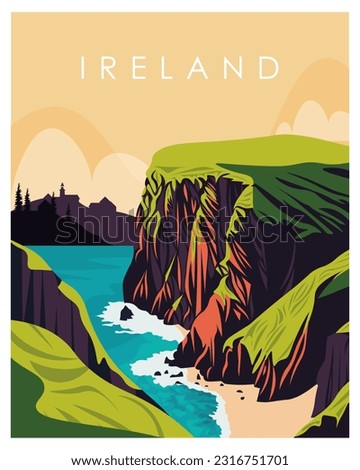 Vector illustration Moher Ireland. Design for poster, banner, postcard. Travel poster.