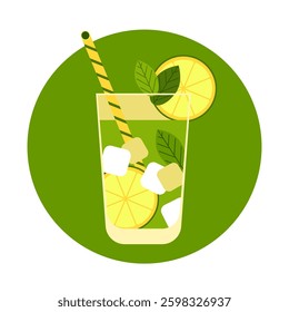 A vector illustration of a mojito cocktail in a glass, in a minimalist decorative style