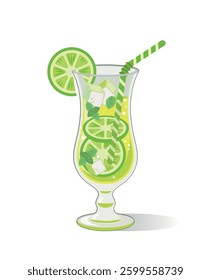 Vector illustration  of mojito cocktail in a Hurricane glasson with pieces of lime, ice and mint leaves white  background isolated. 