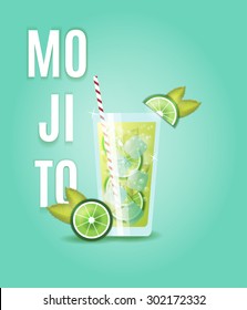 Vector illustration. Mojito cocktail in a tall glass, decorated with sliced lime and mint leaves, striped straw and ice cubes. Menu, party invitation card, poster, advertising, cafe, bar, restaurant.