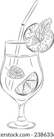 Vector illustration of mojito with lime slice, mint and straw. Image of cocktail glass with mojito in vector. Illustrations of drinks, juices and cocktails.