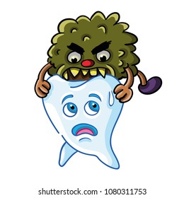 Vector Illustration of molar tooth being attacked by a angry bacteria generating caries.