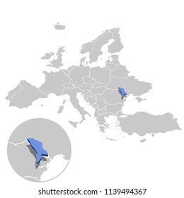 Vector illustration of Moldova in blue on the grey model of Europe map with zooming replica of country.