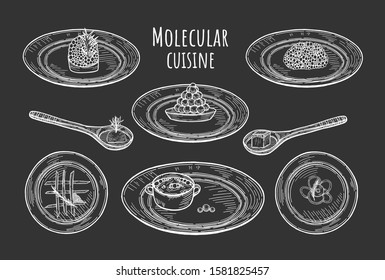 Vector illustration of molecular cuisine dishes on black background. Extravagant fantasy food served on the plates and spoons.