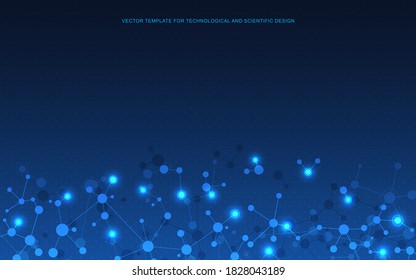 Vector illustration of molecular structure and genetic engineering, molecules DNA, neural network, scientific research. Abstract background for innovation technology, science, healthcare, and medicine