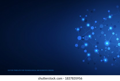 Vector illustration of molecular structure and genetic engineering, molecules DNA, neural network, scientific research. Abstract background for innovation technology, science, healthcare, and medicine