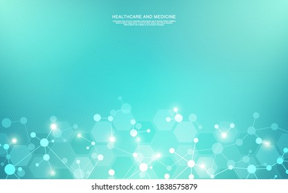 Vector illustration of molecular structure and genetic engineering, molecules DNA, neural network, scientific research. Abstract background for innovation technology, science, healthcare, and medicine