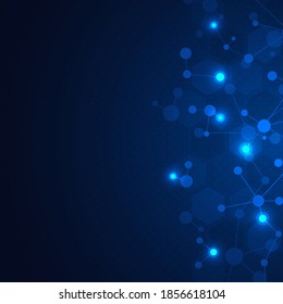 Vector illustration of molecular structure and genetic engineering, molecules DNA, neural network, scientific research. Abstract background for innovation technology, science, healthcare, and medicine