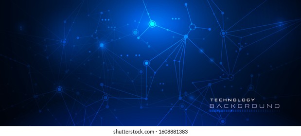 Vector illustration molecule, Connected lines with dots, technology on blue background. Abstract internet network connection design for web site.Digital data, communication, science and futuristic concept