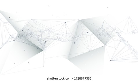 Vector illustration molecule, connected lines with dots and polygon shape on white color background. Abstract internet network connection design. Digital data,science and futuristic technology concept