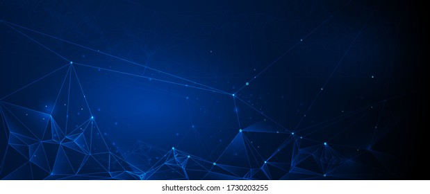 Vector illustration molecule, connected lines with dots and polygon shape on blue color background. Abstract internet network connection design. Digital data,science and futuristic technology concept