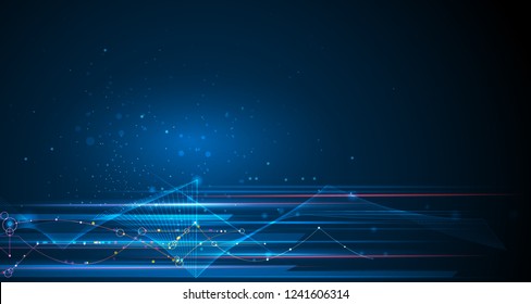 Vector illustration molecule with line, speed movement pattern and motion blur over dark blue background. Hi-tech digital technology concept. Abstract internet, futuristic techno design background