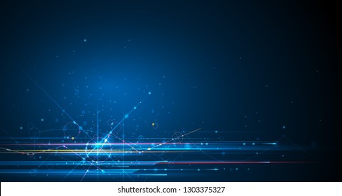 Vector illustration molecule with line, speed movement pattern and motion blur over dark blue background. Hi-tech digital technology concept. Abstract internet, futuristic techno design background